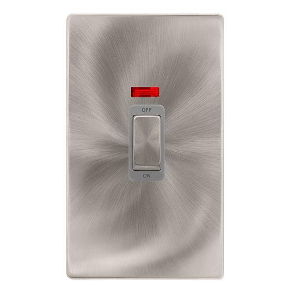 Scolmore SFBS503GY 50A INGOT 2 GANG DOUBLE POLE SWITCH WITH NEON -  BRUSHED STEEL COVER PLATE - GREY INSERT