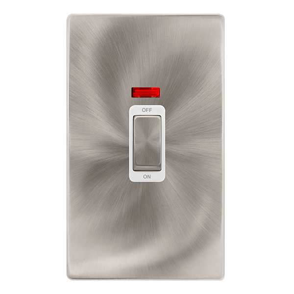 Scolmore SFBS503PW 50A INGOT 2 GANG DOUBLE POLE SWITCH WITH NEON -  BRUSHED STEEL COVER PLATE - POLAR WHITE INSERT