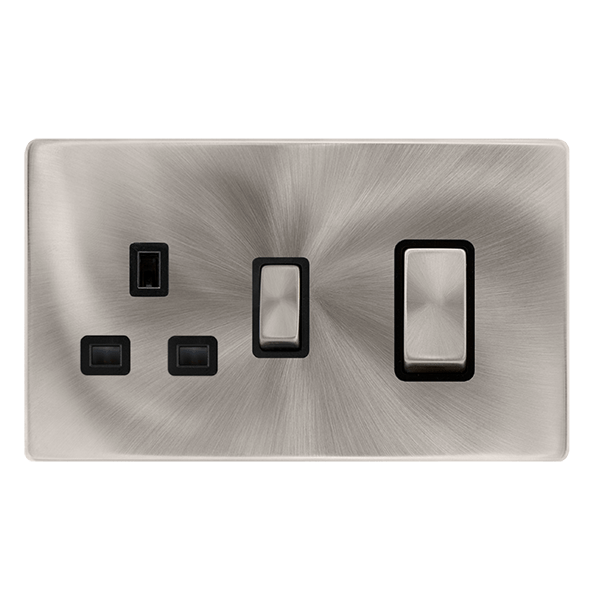 Scolmore SFBS504BK 50A INGOT DOUBLE POLE SWITCH WITH 13A DOUBLE POLE SWITCHED SOCKET -  BRUSHED STEEL COVER PLATE - BLACK INSERT