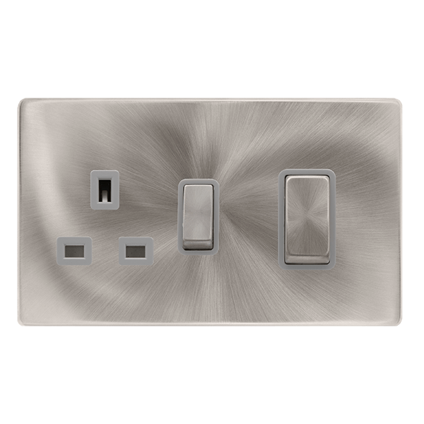 Scolmore SFBS504GY 50A INGOT DOUBLE POLE SWITCH WITH 13A DOUBLE POLE SWITCHED SOCKET -  BRUSHED STEEL COVER PLATE - GREY INSERT