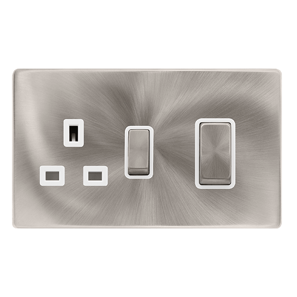 Scolmore SFBS504PW 50A INGOT DOUBLE POLE SWITCH WITH 13A DOUBLE POLE SWITCHED SOCKET -  BRUSHED STEEL COVER PLATE - POLAR WHITE INSERT