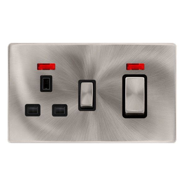 Scolmore SFBS505BK 50A INGOT DOUBLE POLE SWITCH WITH 13A DOUBLE POLE SWITCHED SOCKET & NEON -  BRUSHED STEEL COVER PLATE - BLACK INSERT