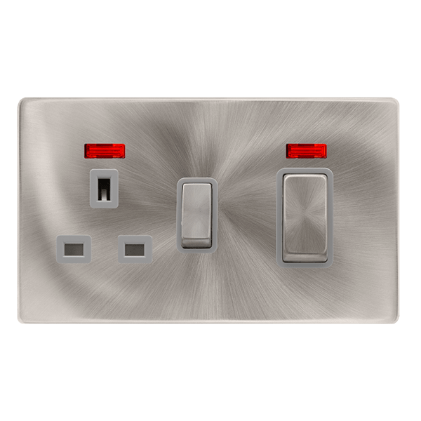 Scolmore SFBS505GY 50A INGOT DOUBLE POLE SWITCH WITH 13A DOUBLE POLE SWITCHED SOCKET & NEON -  BRUSHED STEEL COVER PLATE - GREY INSERT