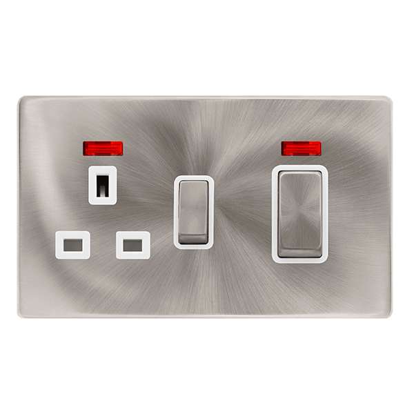 Scolmore SFBS505PW 50A INGOT DOUBLE POLE SWITCH WITH 13A DOUBLE POLE SWITCHED SOCKET & NEON -  BRUSHED STEEL COVER PLATE - POLAR WHITE INSERT