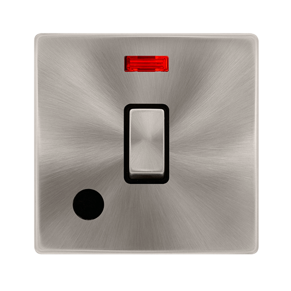 Scolmore SFBS523BK 20A INGOT DOUBLE POLE SWITCH WITH NEON & FLEX OUTLET - BRUSHED STEEL COVER PLATE - BLACK INSERT