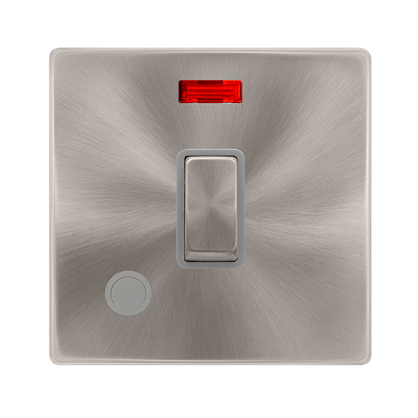 Scolmore SFBS523GY 20A INGOT DOUBLE POLE SWITCH WITH NEON & FLEX OUTLET - BRUSHED STEEL COVER PLATE - GREY INSERT