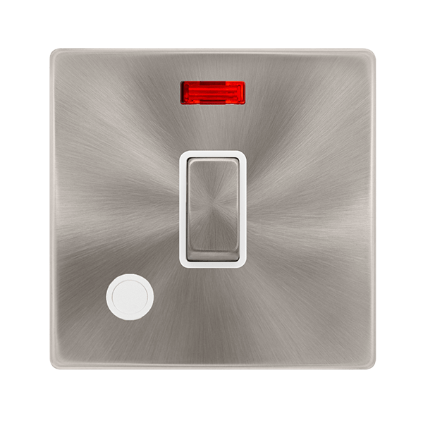 Scolmore SFBS523PW 20A INGOT DOUBLE POLE SWITCH WITH NEON & FLEX OUTLET - BRUSHED STEEL COVER PLATE - POLAR WHITE INSERT