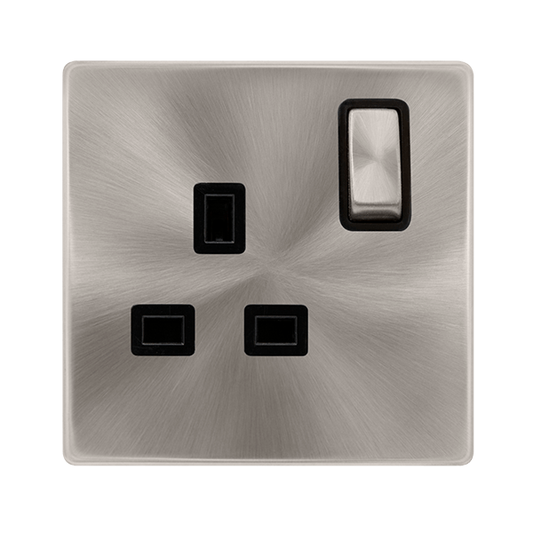 Scolmore SFBS535BK 13A INGOT 1 GANG DP SWITCHED SOCKET - BRUSHED STEEL COVER PLATE - BLACK INSERT