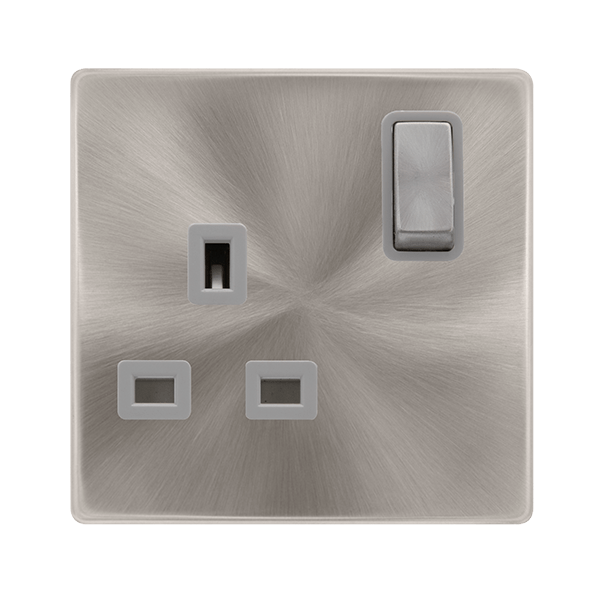 Scolmore SFBS535GY 13A INGOT 1 GANG DP SWITCHED SOCKET - BRUSHED STEEL COVER PLATE - GREY INSERT