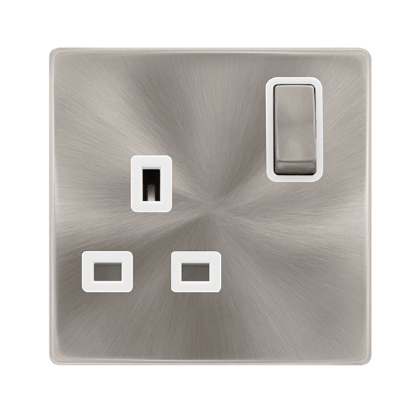 Scolmore SFBS535PW 13A INGOT 1 GANG DP SWITCHED SOCKET - BRUSHED STEEL COVER PLATE - POLAR WHITE  INSERT