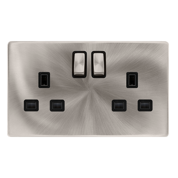 Scolmore SFBS536BK 13A INGOT 2 GANG DP SWITCHED SOCKET - BRUSHED STEEL COVER PLATE - BLACK INSERT