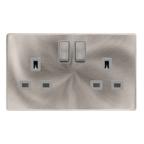 Scolmore SFBS536GY 13A INGOT 2 GANG DP SWITCHED SOCKET - BRUSHED STEEL COVER PLATE - GREY INSERT