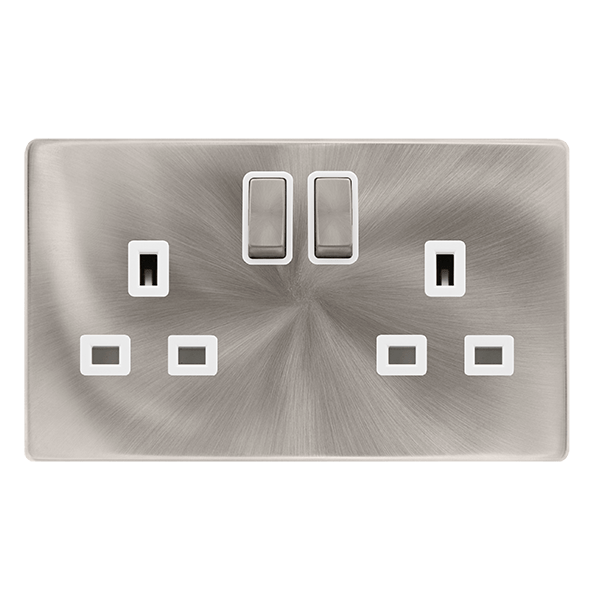 Scolmore SFBS536PW 13A INGOT 2 GANG DP SWITCHED SOCKET - BRUSHED STEEL COVER PLATE - POLAR WHITE  INSERT