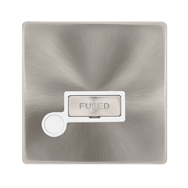 Scolmore SFBS550PW 13A INGOT FUSED CONNECTION UNIT WITH OPTIONAL FLEX OUTLET - BRUSHED STEEL COVER PLATE - POLAR WHITE INSERT