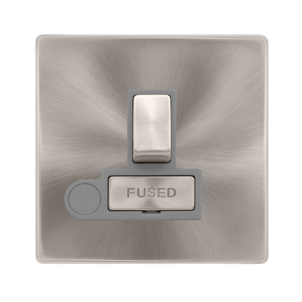Scolmore SFBS551GY 13A INGOT SWITCHED FUSED CONNECTION UNIT WITH OPTIONAL FLEX OUTLET - BRUSHED STEEL COVER PLATE - GREY INSERT