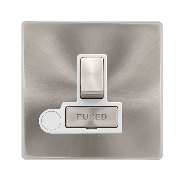 Scolmore SFBS551PW 13A INGOT SWITCHED FUSED CONNECTION UNIT WITH OPTIONAL FLEX OUTLET - BRUSHED STEEL COVER PLATE - POLAR WHITE INSERT