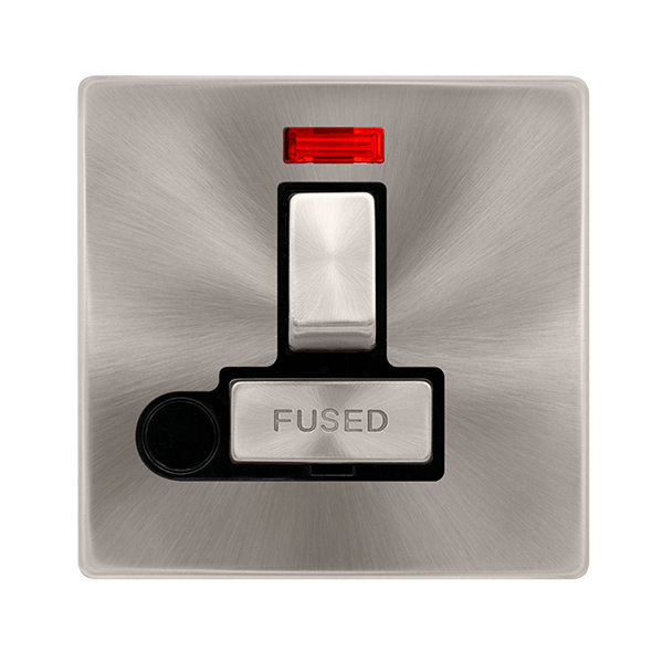 Scolmore SFBS552BK 13A INGOT SWITCHED FUSED CONNECTION UNIT WITH NEON & OPTIONAL FLEX OUTLET - BRUSHED STEEL COVER PLATE - BLACK INSERT