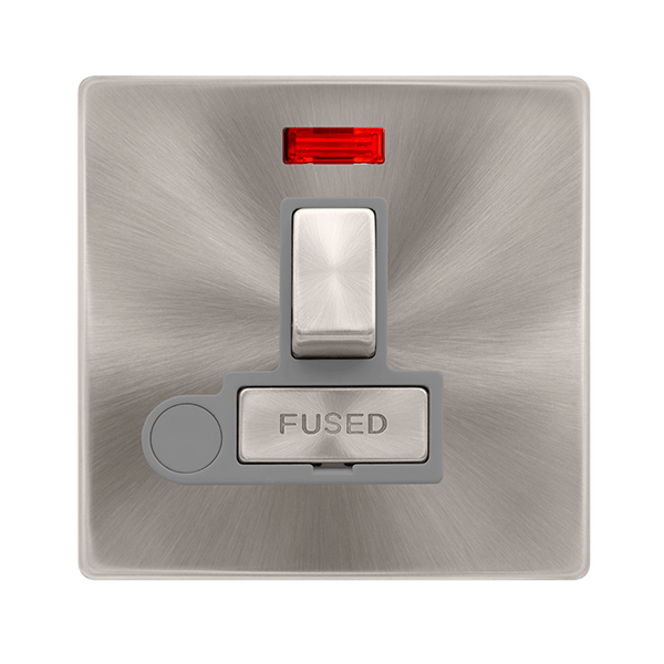 Scolmore SFBS552GY 13A INGOT SWITCHED FUSED CONNECTION UNIT WITH NEON & OPTIONAL FLEX OUTLET - BRUSHED STEEL COVER PLATE - GREY INSERT