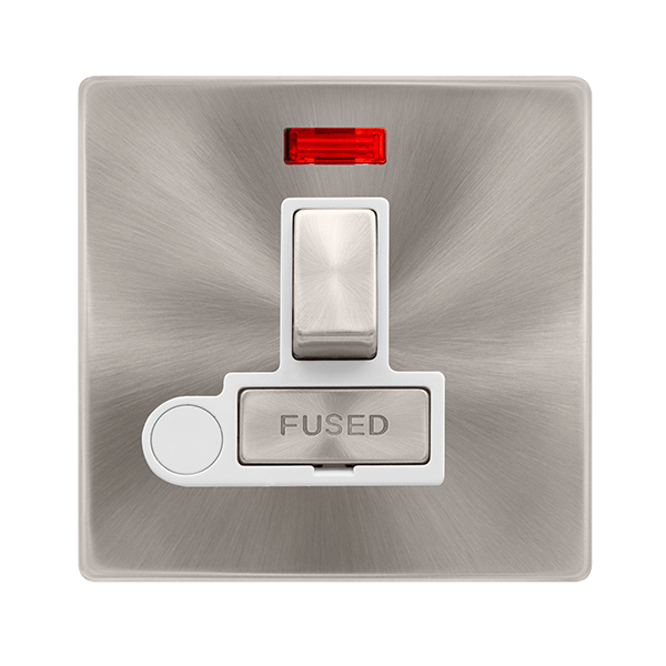Scolmore SFBS552PW 13A INGOT SWITCHED FUSED CONNECTION UNIT WITH NEON & OPTIONAL FLEX OUTLET - BRUSHED STEEL COVER PLATE - POLAR WHITE INSERT