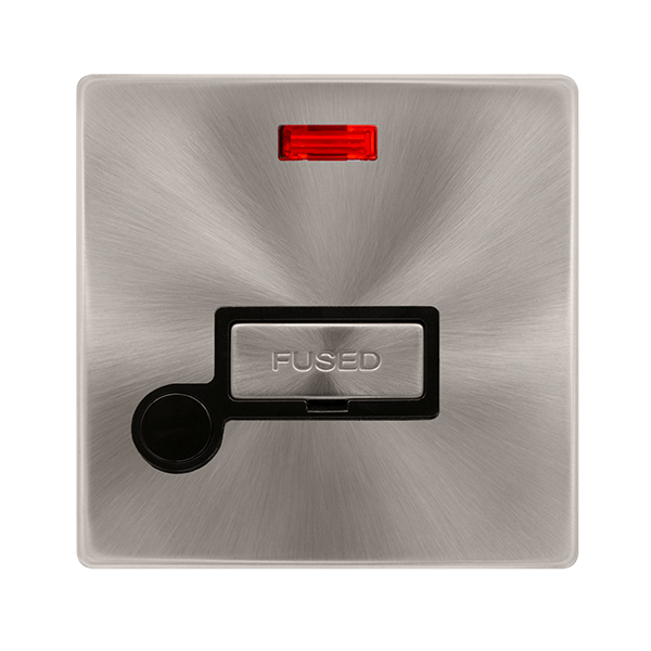 Scolmore SFBS553BK 13A INGOT FUSED CONNECTION UNIT WITH NEON & OPTIONAL FLEX OUTLET - BRUSHED STEEL COVER PLATE - BLACK INSERT