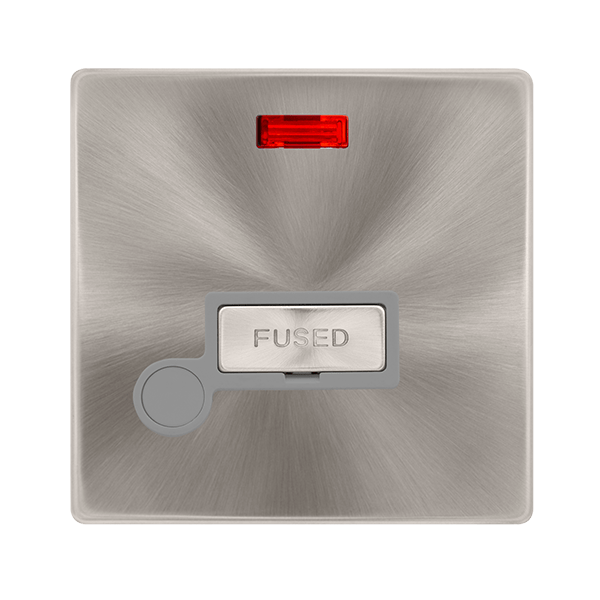 Scolmore SFBS553GY 13A INGOT FUSED CONNECTION UNIT WITH NEON & OPTIONAL FLEX OUTLET - BRUSHED STEEL COVER PLATE - GREY INSERT