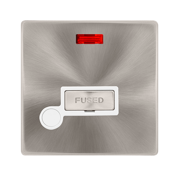 Scolmore SFBS553PW 13A INGOT FUSED CONNECTION UNIT WITH NEON & OPTIONAL FLEX OUTLET - BRUSHED STEEL COVER PLATE - POLAR WHITE INSERT