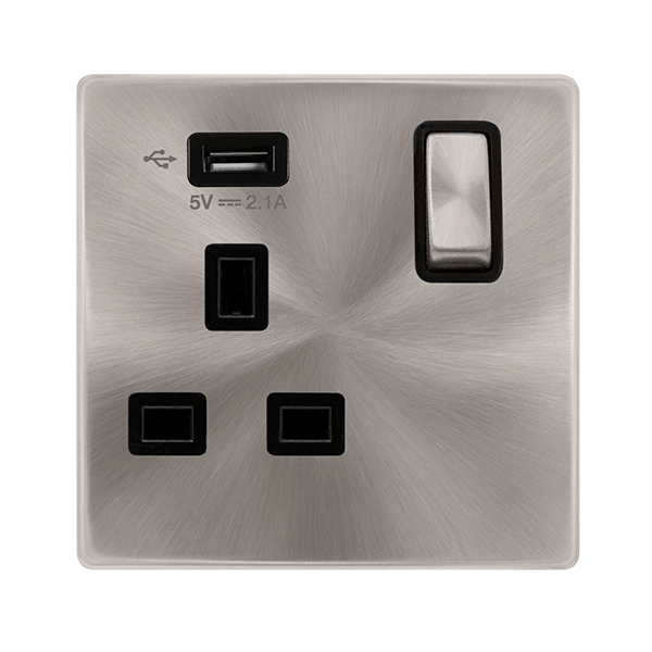 Scolmore SFBS571UBK 13A INGOT 1 GANG SWITCHED SOCKET WITH 2.1A USB OUTLET - BRUSHED STEEL COVER PLATE - BLACK INSERT