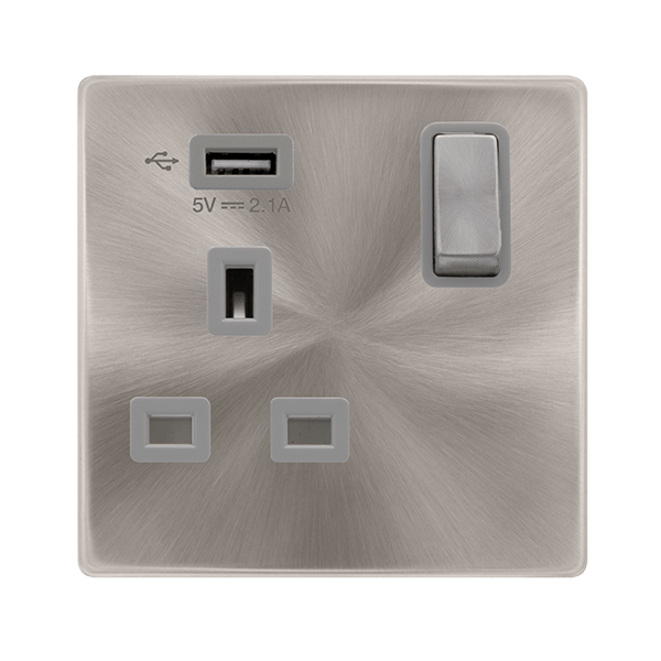 Scolmore SFBS571UGY 13A INGOT 1 GANG SWITCHED SOCKET WITH 2.1A USB OUTLET - BRUSHED STEEL COVER PLATE - GREY INSERT