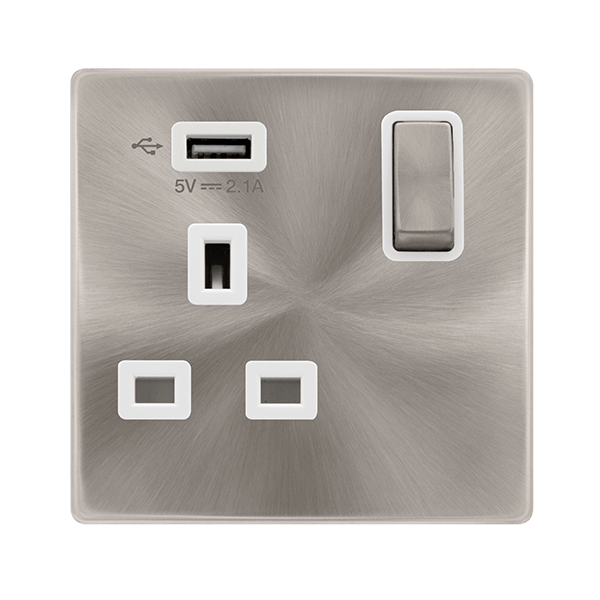 Scolmore SFBS571UPW 13A INGOT 1 GANG SWITCHED SOCKET WITH 2.1A USB OUTLET - BRUSHED STEEL COVER PLATE - POLAR WHITE INSERT