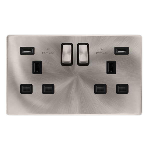 Scolmore SFBS580BK 13A INGOT 2 GANG SWITCHED SOCKET WITH 2.1A USB OUTLETS - BRUSHED STEEL COVER PLATE - BLACK INSERT