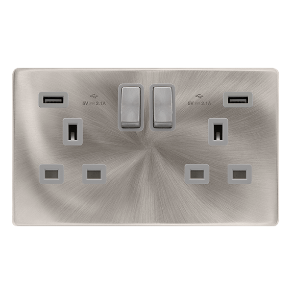Scolmore SFBS580GY 13A INGOT 2 GANG SWITCHED SOCKET WITH 2.1A USB OUTLETS - BRUSHED STEEL COVER PLATE - GREY INSERT