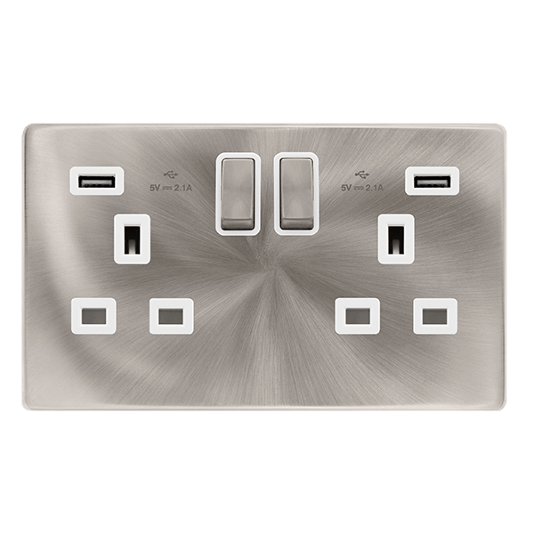 Scolmore SFBS580PW 13A INGOT 2 GANG SWITCHED SOCKET WITH 2.1A USB OUTLETS - BRUSHED STEEL COVER PLATE - POLAR WHITE INSERT