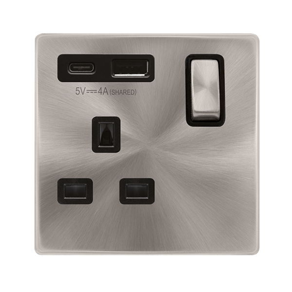 Scolmore SFBS585BK DEFINITY 'INGOT' 13A 1  GANG  SWITCHED SAFETY SHUTTER SOCKET OUTLET WITH TYPE A & C USB (4A) OUTLETS - BRUSHED STAINLESS - BLACK INSERTS