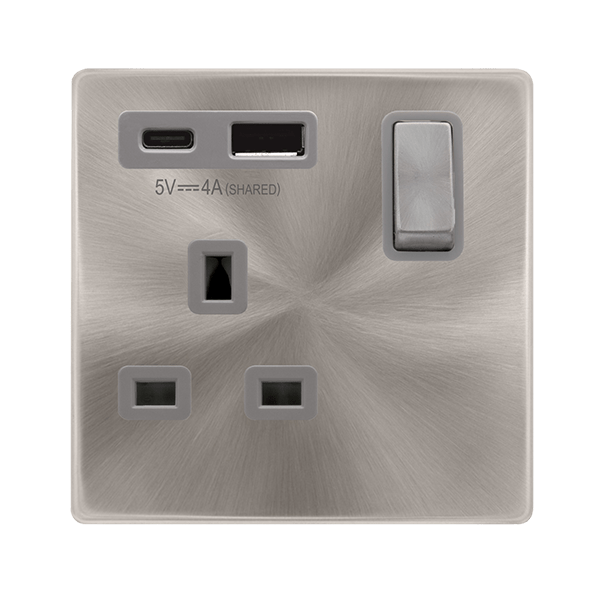 Scolmore SFBS585GY DEFINITY 'INGOT' 13A 1  GANG  SWITCHED SAFETY SHUTTER SOCKET OUTLET WITH TYPE A & C USB (4A) OUTLETS - BRUSHED STAINLESS - GREY INSERTS