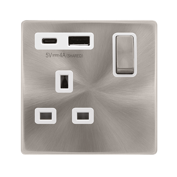 Scolmore SFBS585PW DEFINITY 'INGOT' 13A 1  GANG  SWITCHED SAFETY SHUTTER SOCKET OUTLET WITH TYPE A & C USB (4A) OUTLETS - BRUSHED STAINLESS - POLAR WHITE INSERTS