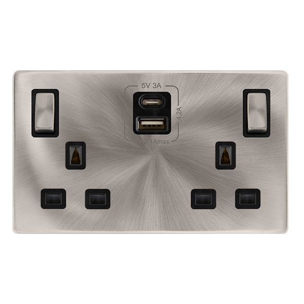 Scolmore SFBS586BK 13A INGOT 2 GANG SWITCHED SAFETY SHUTTER SOCKET WITH TYPE A & C USB - BRUSHED STEEL COVER PLATE - BLACK INSERT
