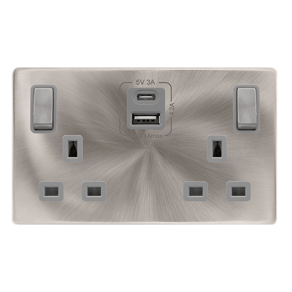 Scolmore SFBS586GY 13A INGOT 2 GANG SWITCHED SAFETY SHUTTER SOCKET WITH TYPE A & C USB - BRUSHED STEEL COVER PLATE - GREY INSERT