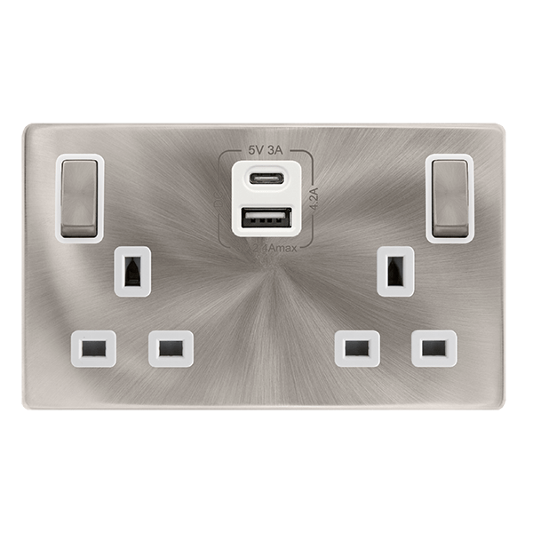Scolmore SFBS586PW 13A INGOT 2 GANG SWITCHED SAFETY SHUTTER SOCKET WITH TYPE A & C USB - BRUSHED STEEL COVER PLATE - POLAR WHITE INSERT