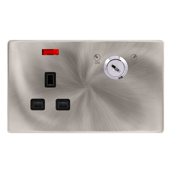 Scolmore SFBS655BK 13A 1 GANG DOUBLE POLE KEY LOCKABLE SOCKET WITH NEON - BRUSHED STEEL COVER PLATE - BLACK INSERT
