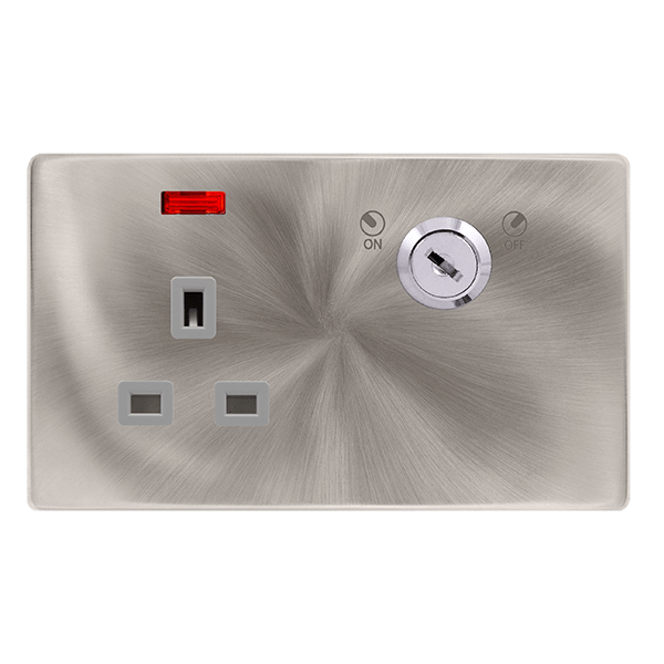 Scolmore SFBS655GY 13A 1 GANG DOUBLE POLE KEY LOCKABLE SOCKET WITH NEON - BRUSHED STEEL COVER PLATE - GREY INSERT