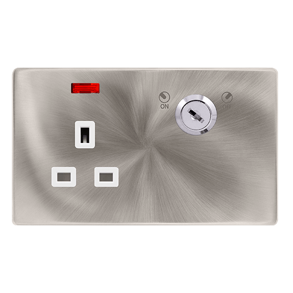 Scolmore SFBS655PW 13A 1 GANG DOUBLE POLE KEY LOCKABLE SOCKET WITH NEON - BRUSHED STEEL COVER PLATE - POLAR WHITE INSERT