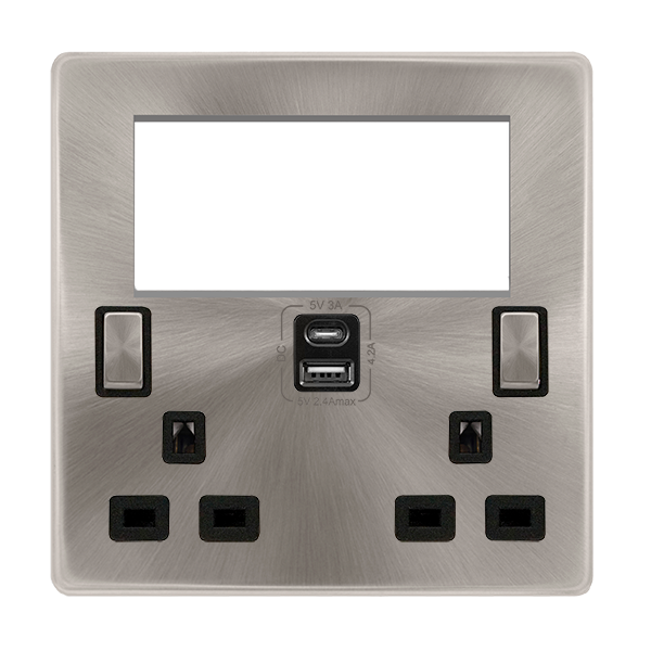 Scolmore SFBS684BK 2 GANG 3 PIN SAFETY SHUTTER TYPE A & C USB SWITCHED SOCKET WITH QUAD NEW MEDIA APERTURES