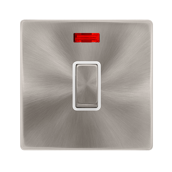 Scolmore SFBS723PW 20A INGOT DOUBLE POLE SWITCH WITH NEON - BRUSHED STEEL COVER PLATE - POLAR WHITE INSERT