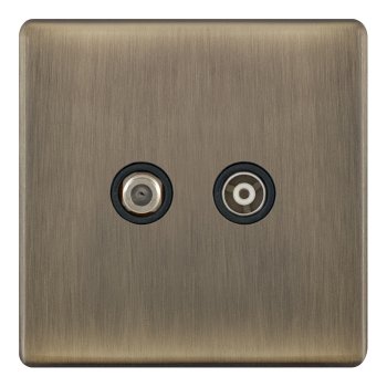 Selectric 5M-Plus Antique Brass 2 Gang Satellite and TV/FM Socket with Black Insert