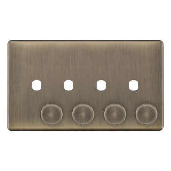 Selectric 5M-Plus Antique Brass 2 Gang Quad Aperture Dimmer Plate with Matching Knobs