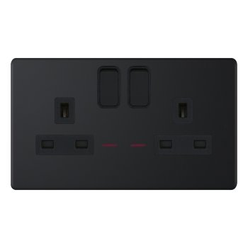 Selectric 5M-Plus Matt Black 2 Gang 13A DP Switched Socket with Neon and Black Insert
