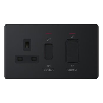 Selectric 5M-Plus Matt Black 45A DP Switch and 13A Switched Socket with Neon and Black Insert