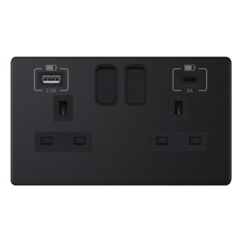 Selectric 5M-Plus Matt Black 2 Gang 13A Switched Socket with USB C and A Outlets - Black Insert