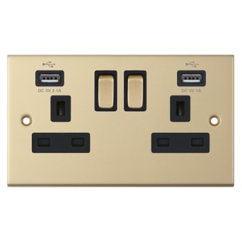 Selectric 5M Satin Brass 2 Gang 13A Switched Socket with USB Outlets and Black Insert