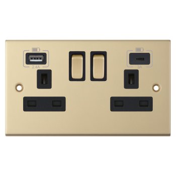 Selectric 5M Satin Brass 2 Gang 13A Switched Socket with USB C and A Outlets - Black Insert